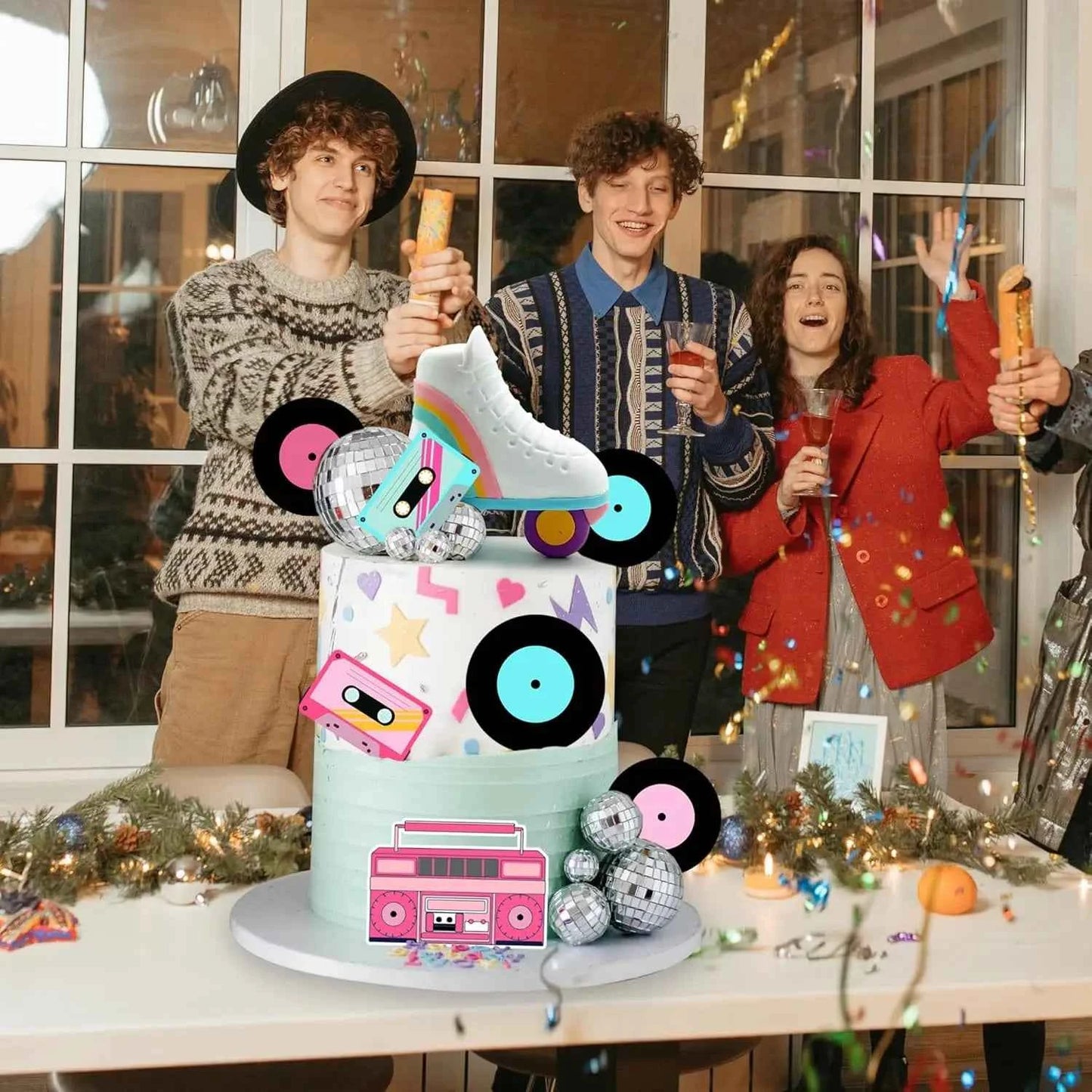 20PCS Retro Roller Skate & Disco Ball Cake Toppers - 80s 90s Hip Hop Skating Theme Party Decor for Birthday Unisex Kids Adults