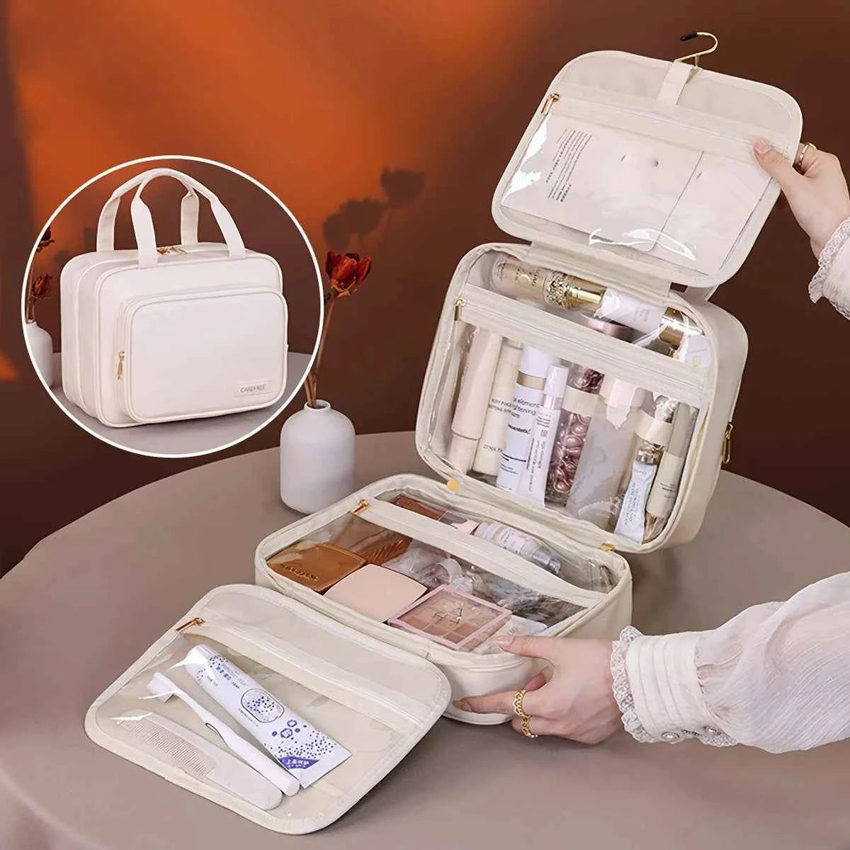 New PU Leather Hanging Cosmetic Bag For Women Portable Storage Makeup Organizer Large Capacity Travel Toiletry Storage Bags