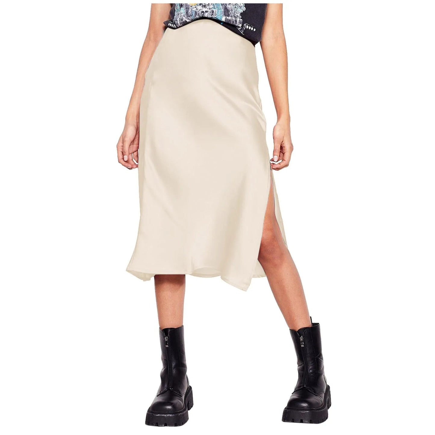Korean Style Satin Skirt For Women Summer High Waisted Midi Skirt With Slit Solid Color Faldas Elegant Office Ladies Skirts SS69