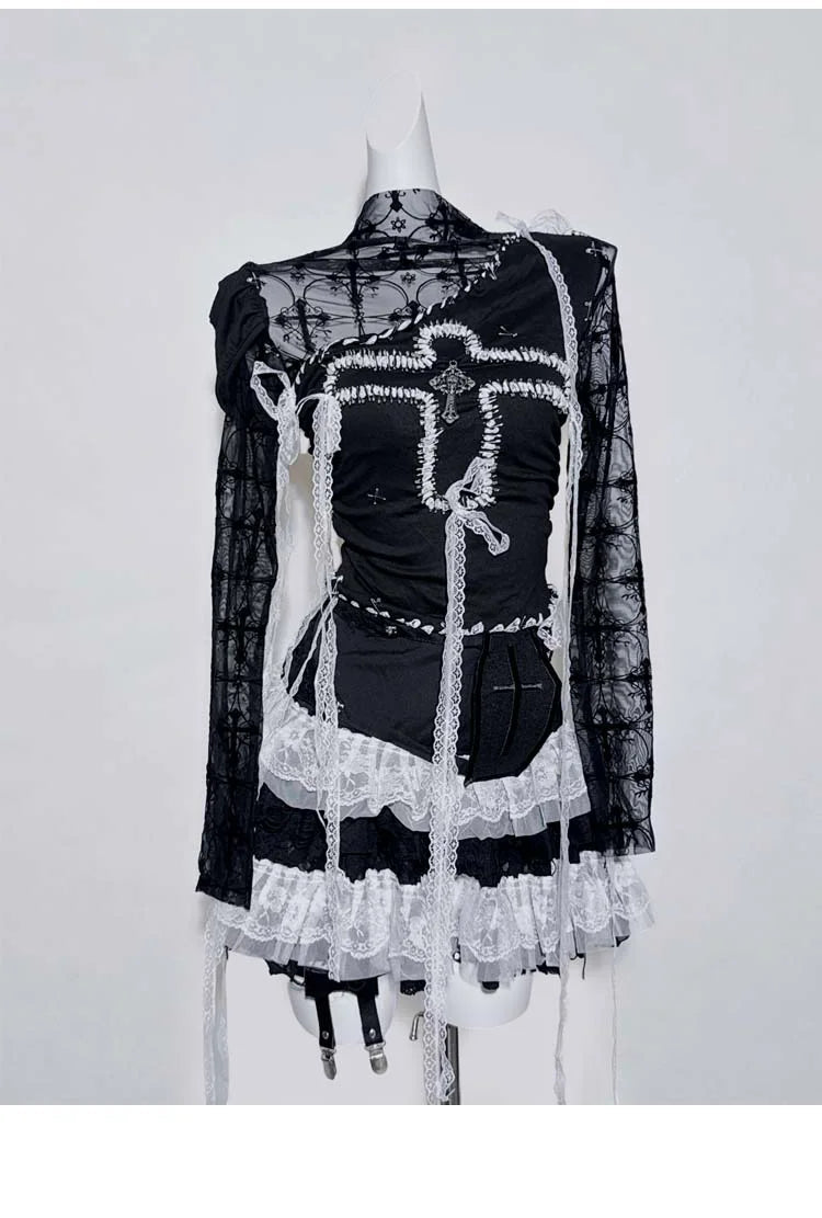 Original Design Punk Rock Cross Patch Long Sleeve Slash Tshirt Gothic Women Subculture Lace Ruffled Holloween Tee Tops Clothing SS69