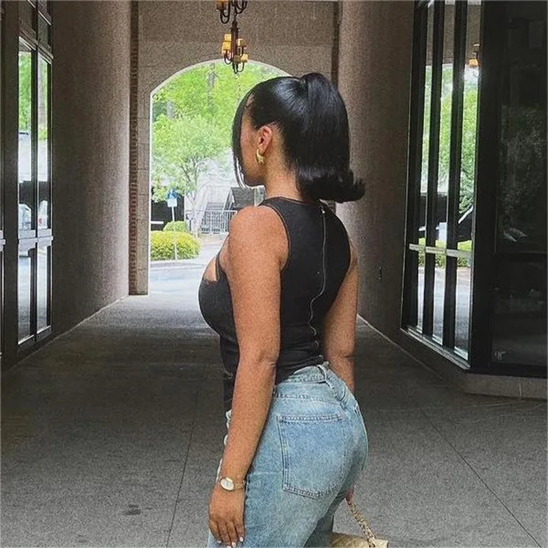 Talenza Women's Sleeveless Round Neck Vest Summer Solid Color Hollow Slim Vest Top Fashion Sexy Streetwear Women's Slim Vest Top SS69