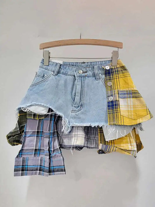 DEAT Women's Denim Skirt Colored Plaid Patchwork Irregular Deconstructed A-line High Waist Mini Skirt 2025 Summer New Fashion SS69