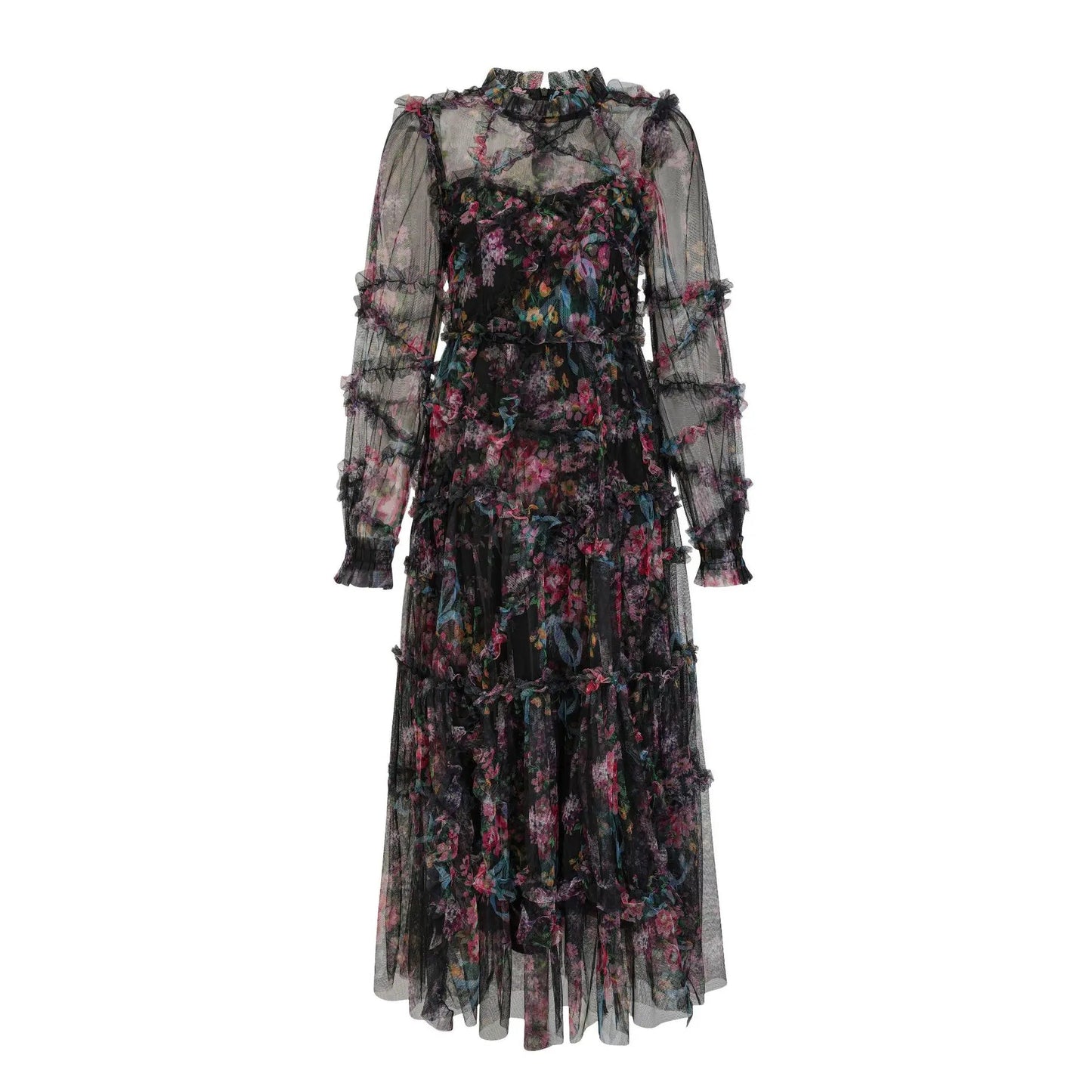 JAMERARY Fashion Floral Print Long Sleeve Maxi Dress For Women Summer Autumn Clothes Layers Ruffles Cake Dresses Evening SS69 88.69 Black / 3XL