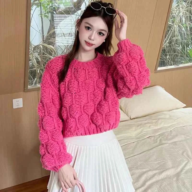 Chunky Crop Knit Sweater Women Niche Design Crew-neck Jumper 2025 Fall Winter Knitwear
