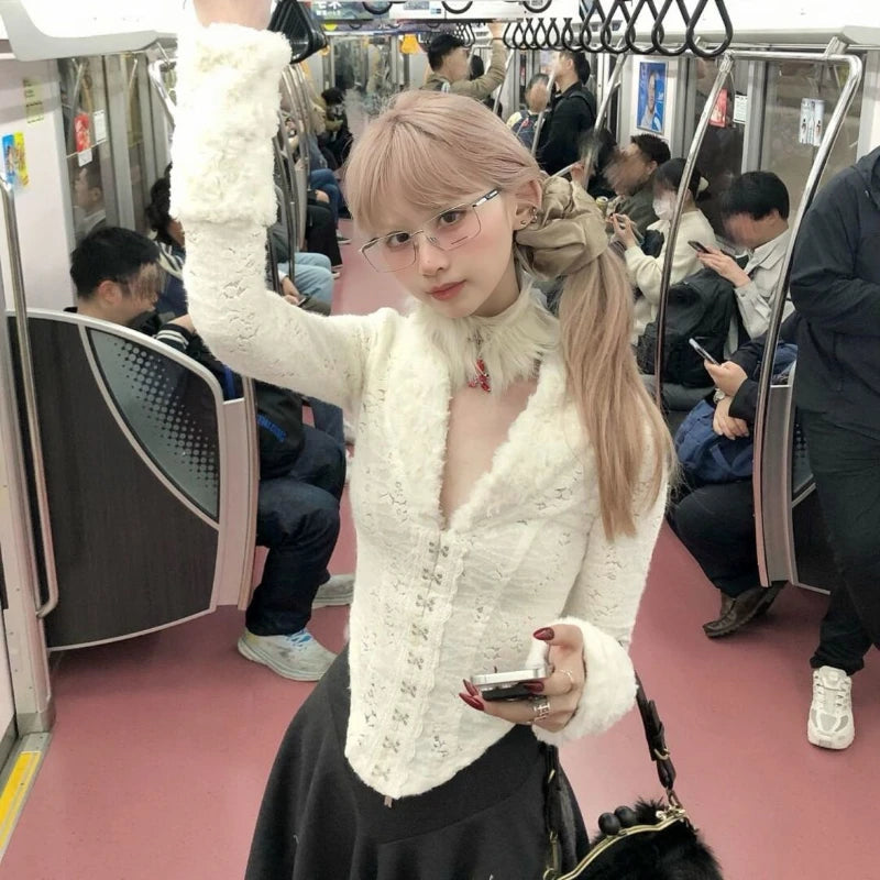 Deeptown Y2k Black Vintage Lace Gothic Women Shirt Harajuku V Neck Hollow Out Long Sleeve Japanese Fashion Blouses Slim Gyaru SS69