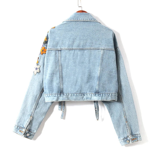 Women Flowers Embroidered Sequined Denim Jacket Spring Autumn Floral Beading Jeans Coat Ribbons Cowboy Cardigan Tops Chaquetas SS69