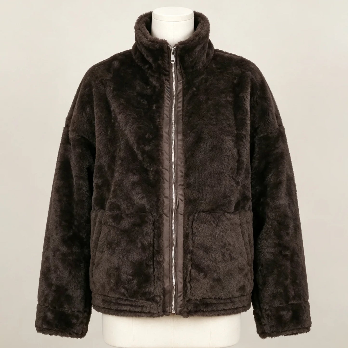 PUAL 2026 new fuzzy fleece zip up jacket, high collar, big pockets, warm casual short outerwear, cozy winter women plush coat