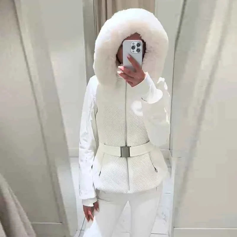 Fashion Solid Warm Ski Suit Women's Hood Fur Trim Full Sleeves Belt Coats High Waist Pants 2025 Winter Lady Windproof Tracksuit