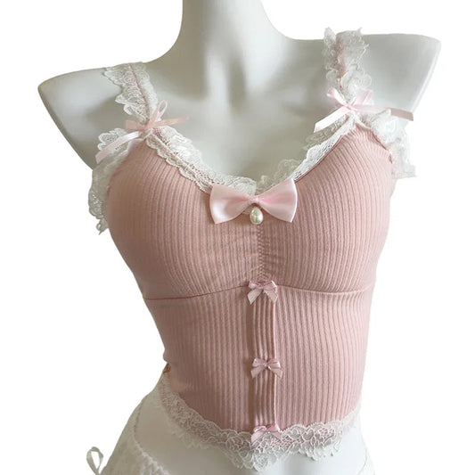 Sweet Crop Top Women Lace Trim Cotton Cropped Bows Bead Decoration Pink White Cute Camis Sweet Girls Lolita Style Kawaii Clothes SS69