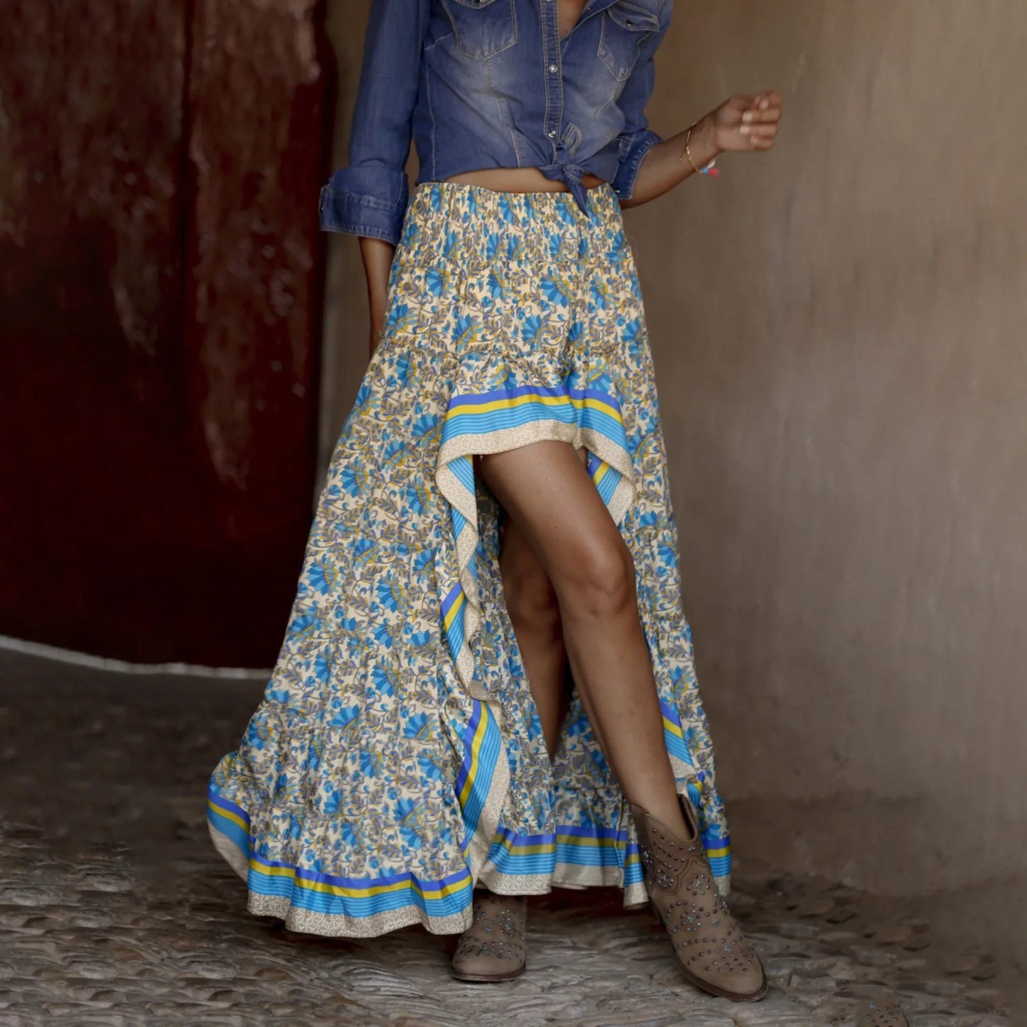 Summer 2025 New Cotton Floral Print Irregular A Line Skirt Women Bohemia Short Front And Long Back Skirts Loose Swing Skirts SS69 26.69 Blue / S / CHINA