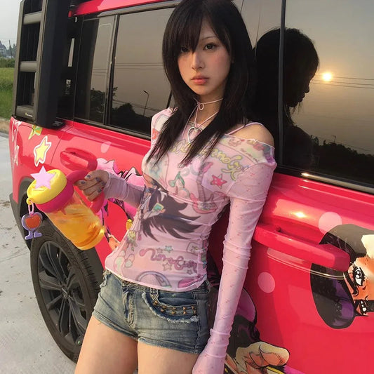 Karrram Japanese Y2k Anime Print Mesh Tops 2000s Aesthetics Pink Sheer Top Vintage Harajuku Kawaii See Through T-shirt Lolita SS69