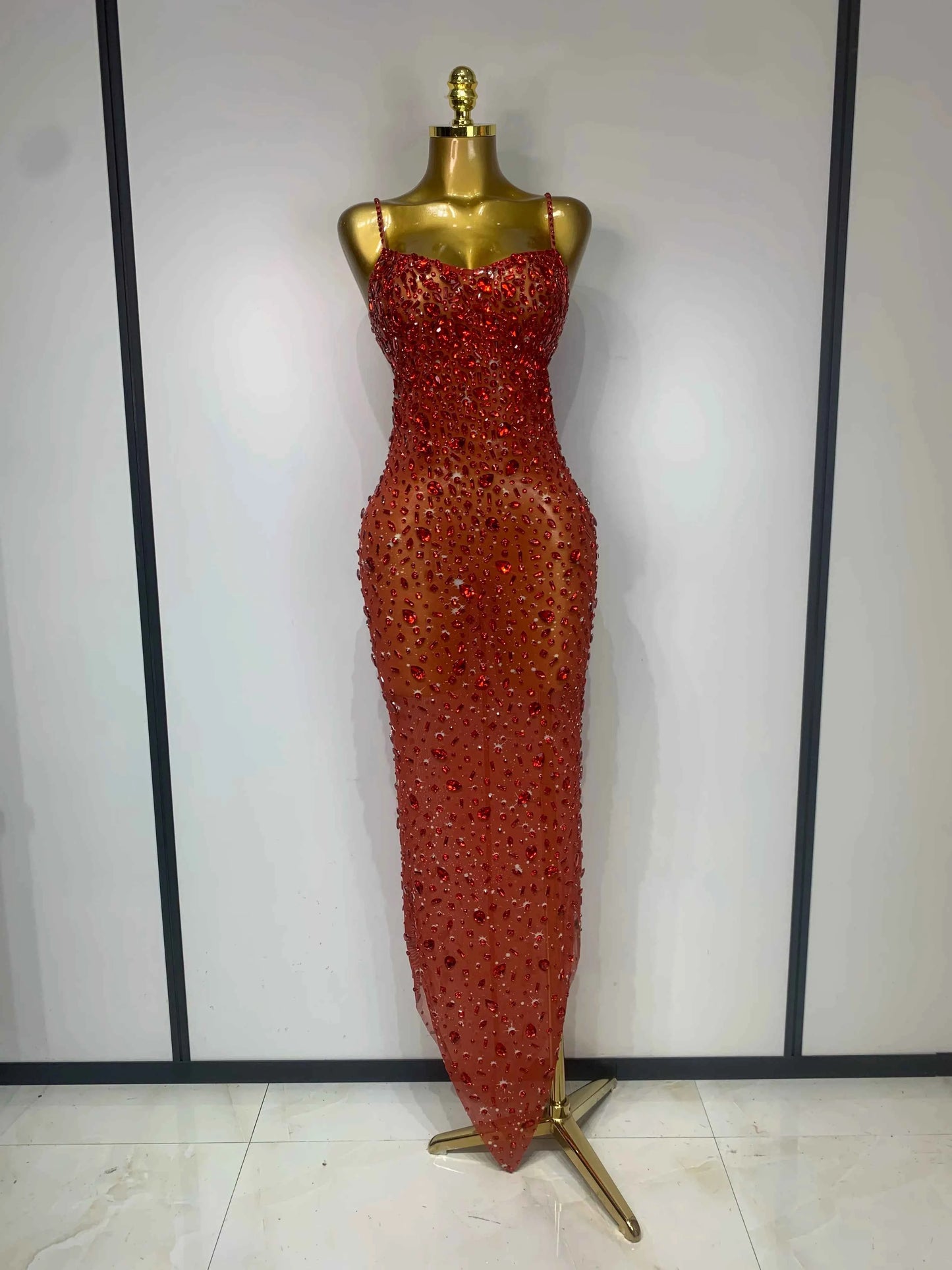 Luxury Rhinestones Sexy Mesh See Through Bodycon Dress Women Birthday Evening Cocktail party Gown Red Carpet Club Stage Outfit