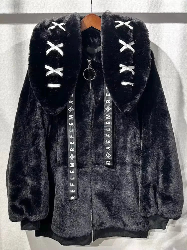 Nerazzurri Winter Sweet Cute Kawaii Soft Thick Warm White Faux Fur Coat Women with Bunny Ears Cute Fluffy Jacket Hoodie 2024 SS69 70.69 Black / S