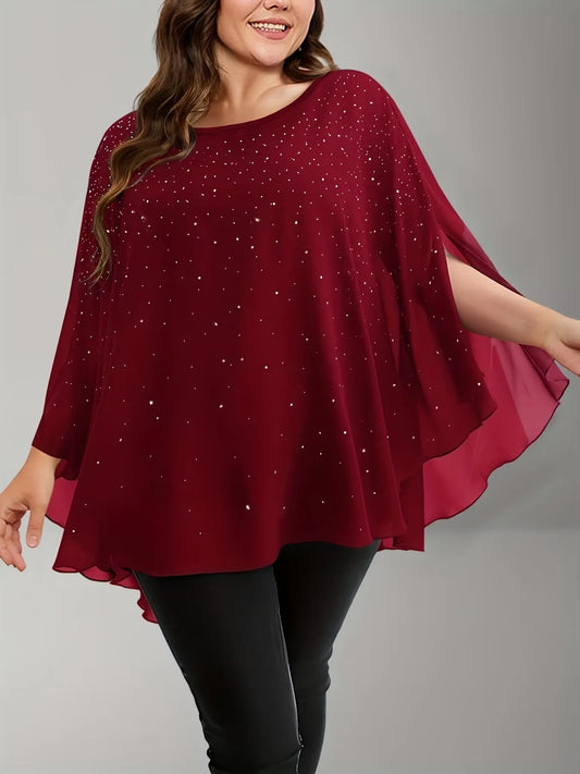 Plus Size Elegant Chiffon Crewneck Sequined Slit Sleeve Tops Office Lady Casual Vintage Summer T shirts for Women 2025 Tee Tops SS69