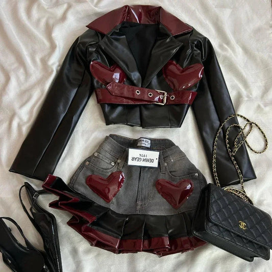 Fashion Trendy Leather Suit Twopiece Set Women Y2k Harajuku Gothic Heart Shaped Short Jacket Denim Splicing Sexy Miniskirt Suit SS69