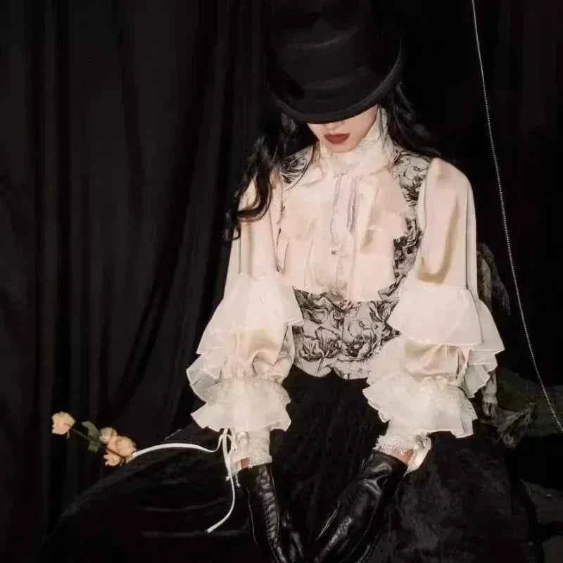 Japanese Kawaii Lolita Blouse Women Vintage Lantern Sleeve Shirt Y2k Aesthetic Lace Patchwork Tops Top Cospaly JK Loose Blusas