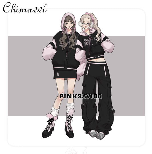 Pink and Black Splicing Color Hooded Baseball Jacket Casual Pant Sets 2025 Spring and Autumn Sweet Cool Girl Students Outfits SS69