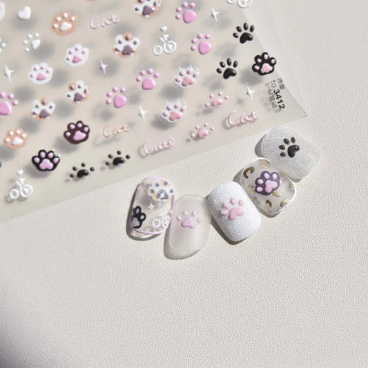 Cute Jelly Pink Cat Paw Print Nail Sticker Kawaii Pink Black Cat Claw 5D Embossed Self-Adhesive Nail Art Sticker Nail Art Decal SS69