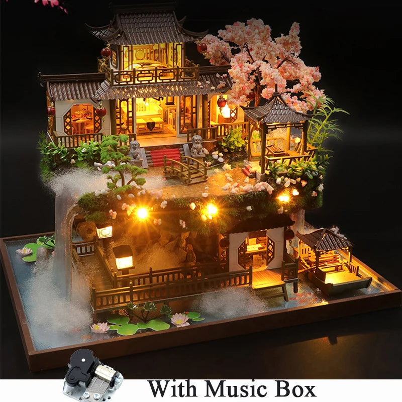 DIY Wooden Chinese Ancient Casa Miniature Building Kits Bookend With Lights Assembled Bookshelf Home Decoration Friends Gifts SS69 106.69 A with music / CHINA