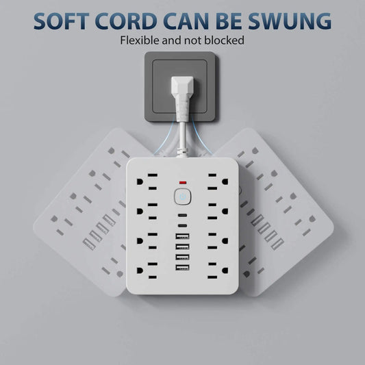 Power strip Surge protection and control switches. 8 AC power outlets and 6 USB ports (2 TYPE-C ports) in a short-cord design. SS69