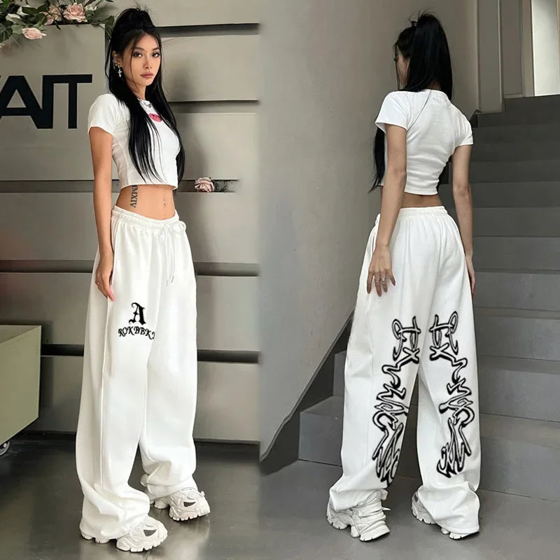 Korean Y2K Streetwear White Jogging Sweatpants Women Harajuku Sports Pants Oversized Hip Hop Letter Wide Leg Trousers - SS69