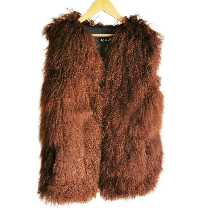 New Real Sheep Fur Vest 100% Natural Mongolia Fur Gilet Pure Long Fur Genuine Fur Oversize Vest ksr801