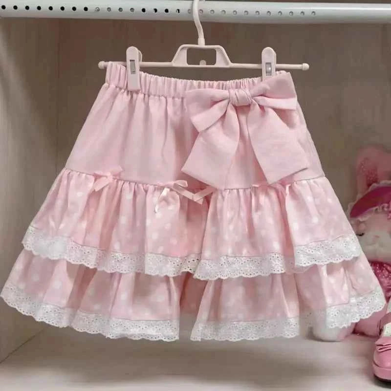Y2K JK Lolita Japan Kawaii Girl Cute Sweet Lace T-shirt Lolita Print Tops Bow Cake Blouse A-line Spliced Cake Skirt New Chic