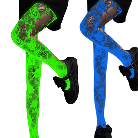 Women Glow in The Dark Fishnet Tight Rose Pattern Fishnet Tights Luminous Fishnet Halloween Party Festive Dress Up SS69