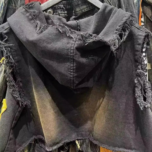 American retro old wash jeans vest women's fashion high-end stitching hole design short sleeveless hooded patch coat jacket. SS69