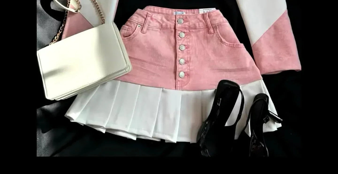 Fashion Trendy Leather Suit Twopiece Set Women Y2k Harajuku Gothic Heart Shaped Short Jacket Denim Splicing Sexy Miniskirt Suit SS69 35.69 Skirt3 / S