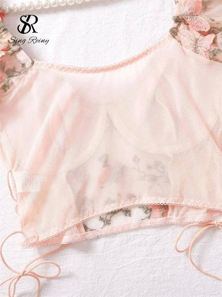 SINGREINY Mesh Sheer Sexy Underwear Suits Lace-Up Puff Sleeves Short Top+Mini Briefs Floral Embroidery Sensual Two Piece Set SS69