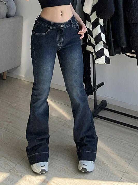 Kalevest Y2K High Street Low Rise Jeans Blue Women Pants Bootcut Pockets Jeans Streetwear Low Waist Jeans Wide Leg Pants SS69