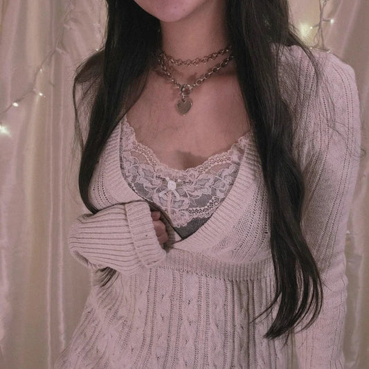 Fairycore Y2K Grunge Vintage Knitted Sweater Chic Women 90s Vintage V Neck Pullovers Aesthetics Retro Cute Jumpers Knitwear SS69