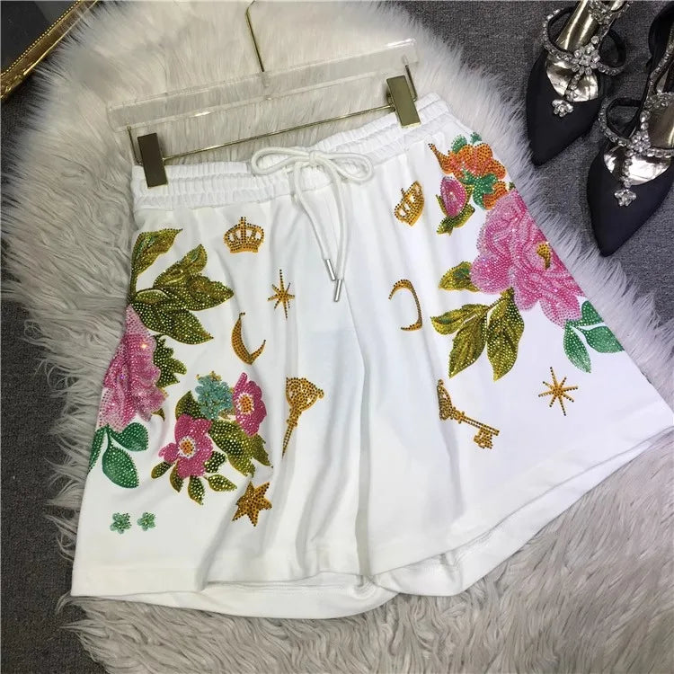 Oversized rhinestone diamond high-waisted black adjustable waist wide leg slacks Women's shorts SS69 24.69 WHITE / 1XL