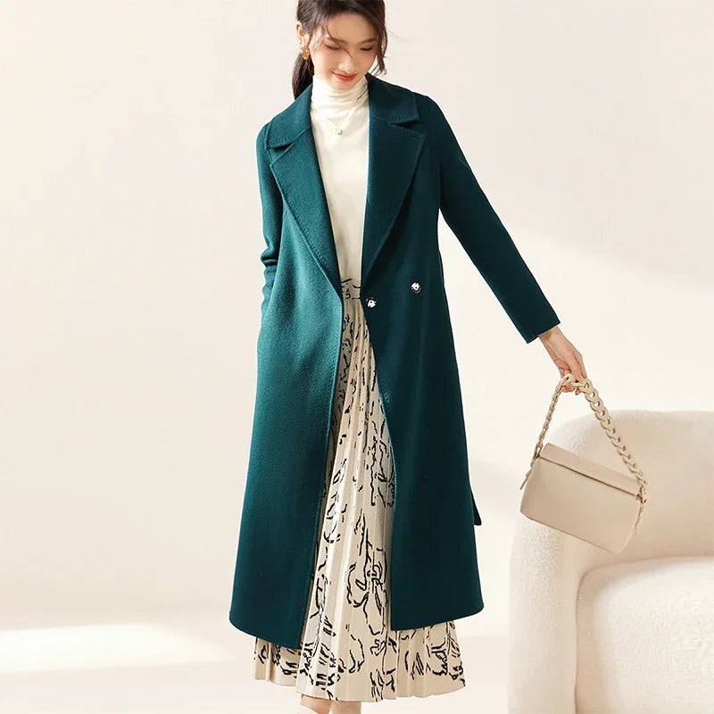 SENTUBILA Women 100% Wool Long Wrap Coat 2026 Elegant Notched Collar Belted Warm Double Faced Woolen Winter Overcoat W24O43352