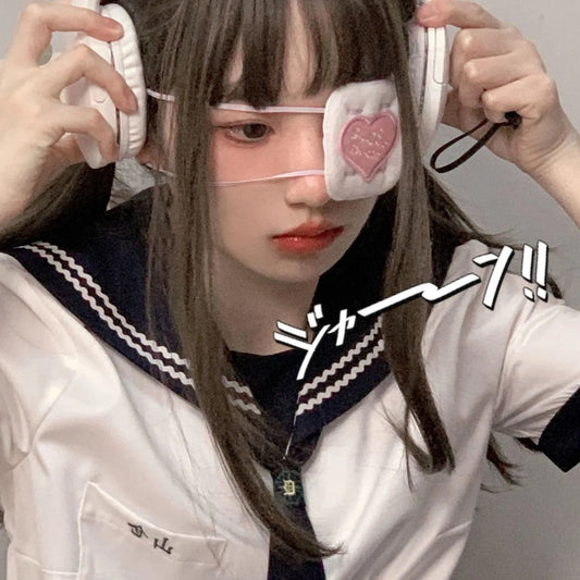 Women Lolita Gothic Eye Mask Pink Heart Shape With Letter Printing One-eye Eyewear Girls Props Cosplay Anime Accessories SS69