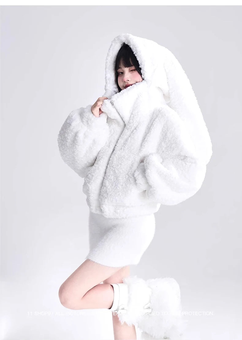 Lautaro Autumn Winter Sweet Cute Lovely Warm Soft White Short Faux Fur Coat Women with Bunny Ears Fluffy Jacket Hoodie 2023 SS69