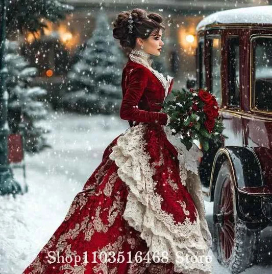 Victorian Christmas ThemedProm Dresses Velvet Embroidery Design Lace Cuffs Neckline For Halloween Cosplay Customised