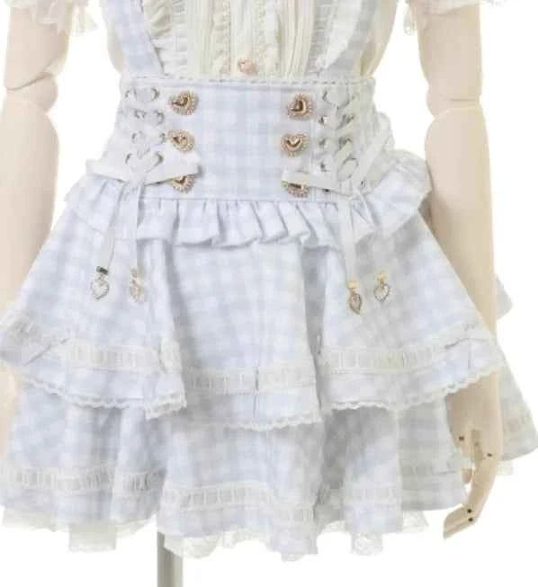 Original Japanese Mines Lolita Strap Skirts Women High Waist and Thin Frilly Pleated Skirt College Style Liz Girl Plaid Skirt