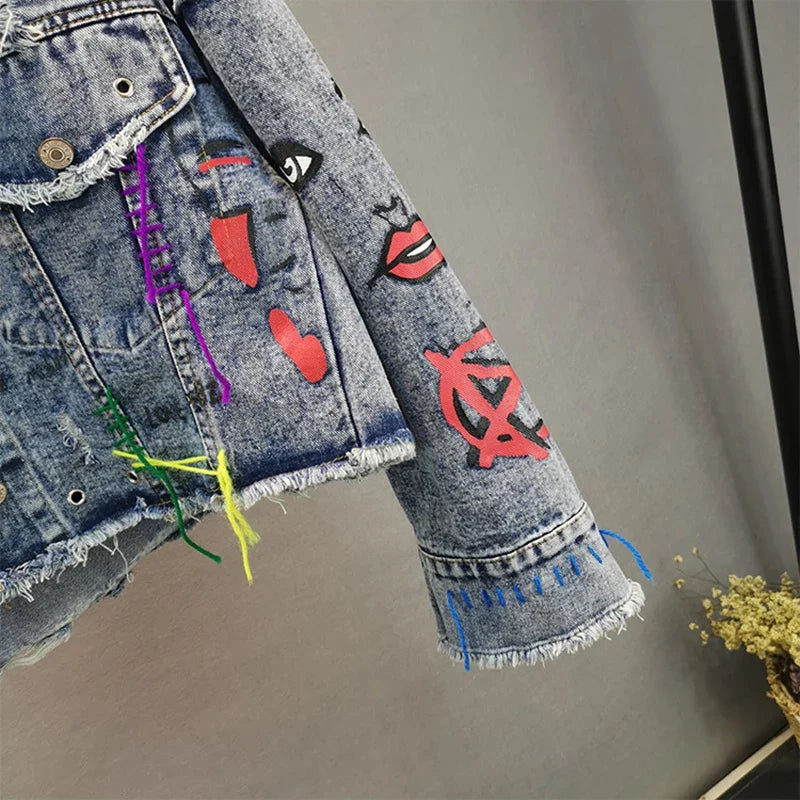 Women Diamonds Beaded Letters Graffiti Denim Coat Holes Rivets Tassels Jeans Bomber Jacket Casual Eyelet Cowboy Cardigan Jaqueta SS69