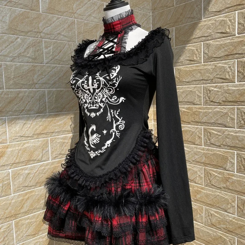 Japanese Gothic Woman Tshirts Y2k Tops Slim Waist Bandage Tees Patchwork Lace Print Long Sleeve Black T Shirt 2025 Ropa Mujer SS69