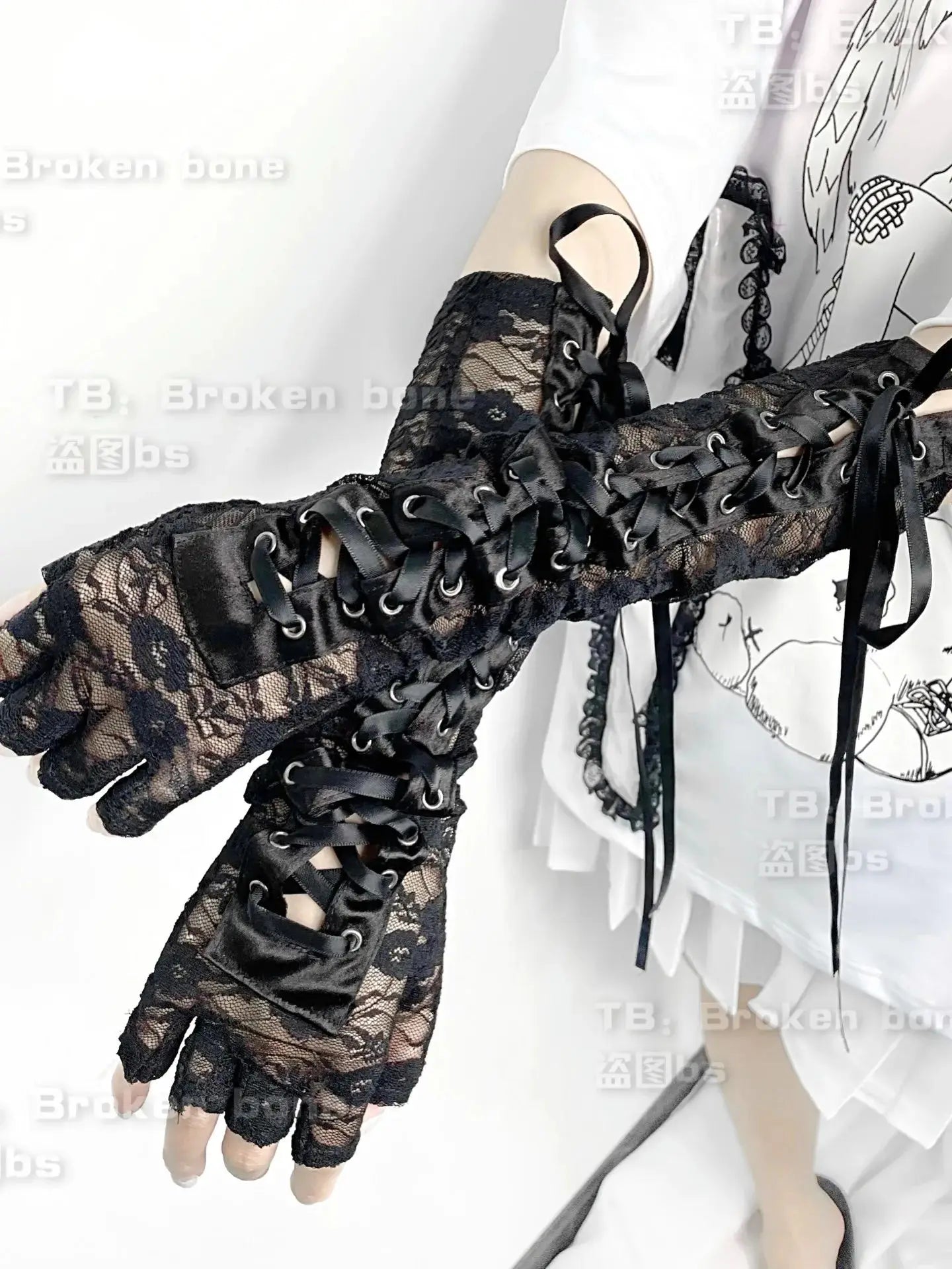 Japanese lolita lace long arm sleeve sweet cool girls lace-up mesh bandage white black arm warmers gloves SS69 26.69 black / One Size