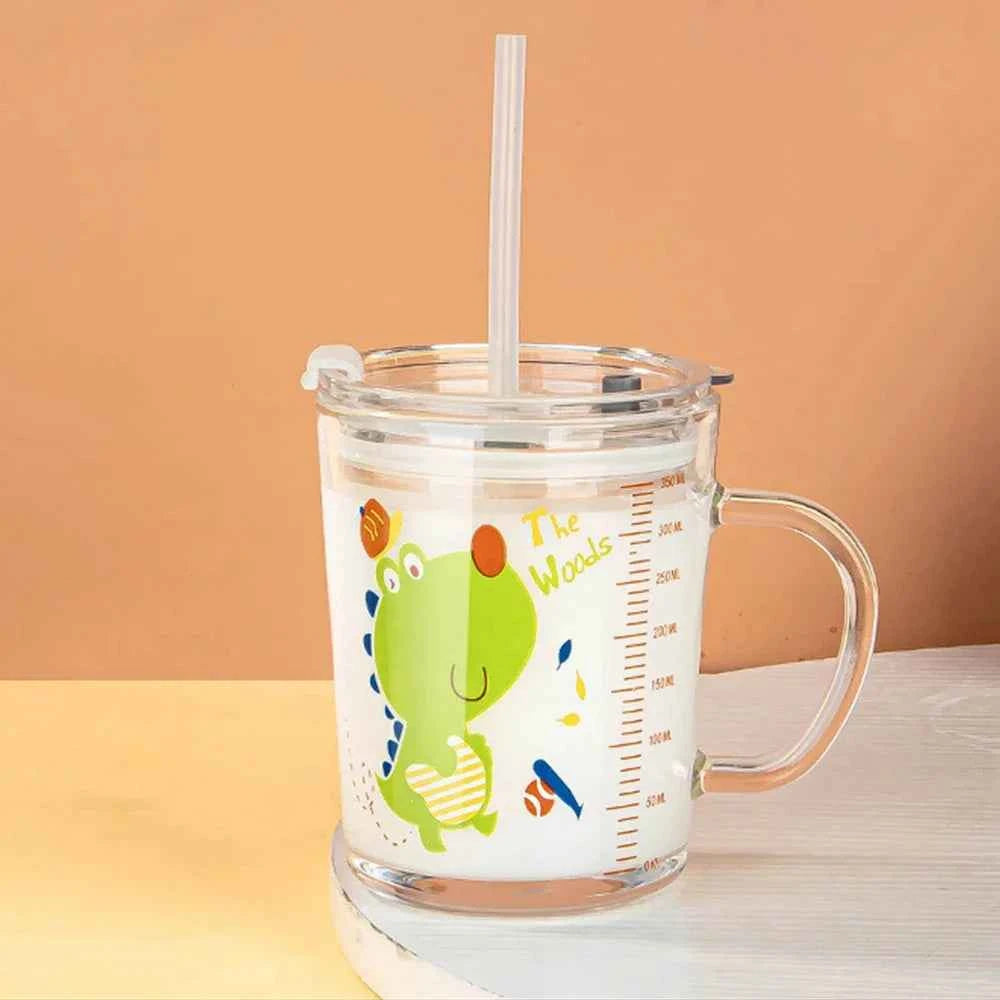 350ml Cute Unicorn Children Milk Cup With Scale Transparent Breakfast Cup With Straw Lid Cartoon Glass Cup For Kids Drinkware