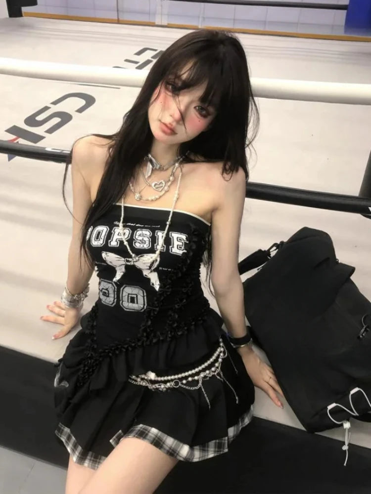 Irregular Sleeveless Chest Gothic Bow Female Short Blouse Cute Y2k Crop Tops Sweet Cool Korean Subculture Harajuku Match Color SS69 8.69 black / L