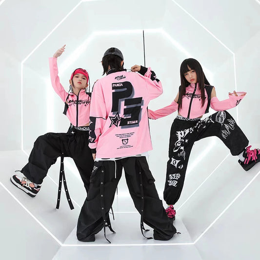 Hip Hop Dance Costume for Girls Pink Tops Black Pants Teenagers Boys Jazz Dance Performance Clothes Kpop Outfits Kids Stage Wear SS69
