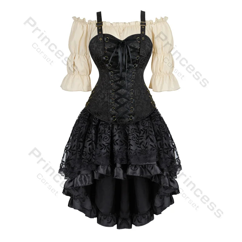 Brown Pirate Dress Plus Size Faxu Leather Steampunk Corset Dress with Shoulder Off Blouse Cosplay Pirate Costume for Women SS69 77.69 black-beige / XXXL