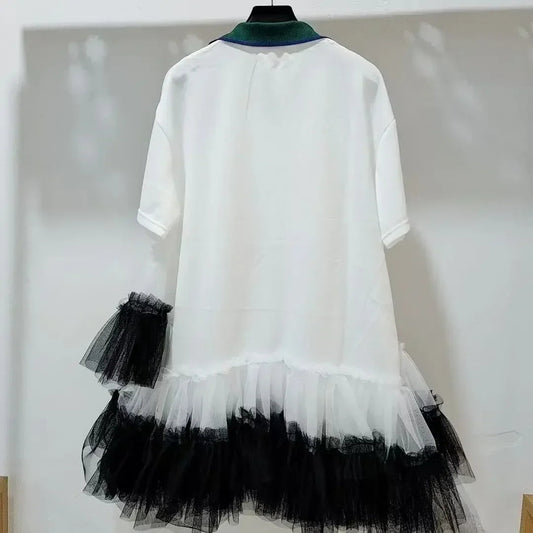 Summer Mesh Splicing Ruffles Short Sleeve T-Shirts Irregular Gauze Stitching Ruched Pleated Tees Letters Printed Jumpers Tops SS69