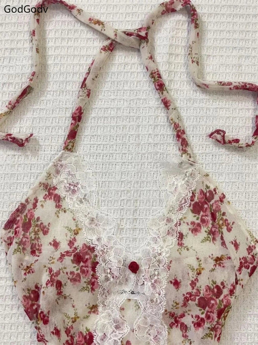 2025 Summer Woman Floral Halter Lace Blouse 2025 Vintage Sexy Slim Fit Fairy Korean Fashion Female Tops Outfits Elegant Style SS69