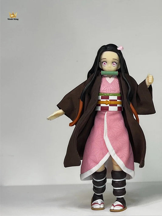 Handmade 1/12 Classic Anime Character Kamado Nezuko Coffee Colored Kimono Pink Skirt Set Fit shf Action Figures Body Model SS69