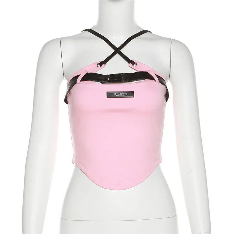 Nibber Pink Sweet Sexy Cute Girl Youth All-match Summer High Street Tight Hot Midnight Confident Beautiful Women Halter Vest SS69